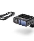 Focus Pro LiDAR Rig for Follow Focus with 76800 Ranging Points featuring a compact design and USB cable, side view.