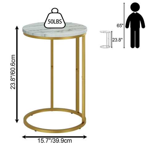 Marble Top C Shaped End Table With Gold Metal Frame dimensions, showing 15.7in diameter and 23.8in height for small spaces
