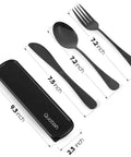 4 Piece Stainless Steel Travel Utensils Set With Case showing black fork, spoon, knife, and compact case with dimensions