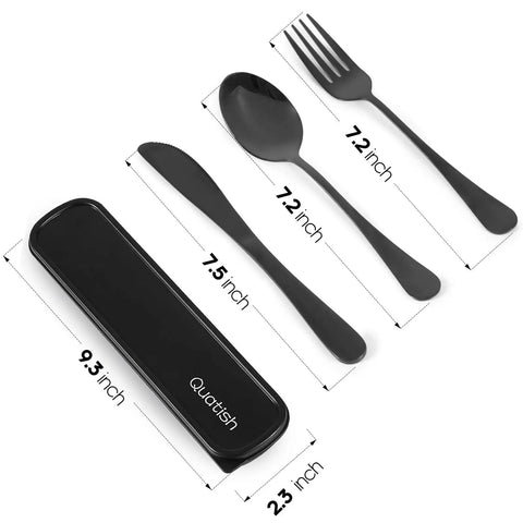 4 Piece Stainless Steel Travel Utensils Set With Case showing black fork, spoon, knife, and compact case with dimensions