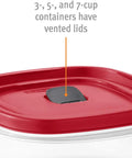 Close-up of red vented lid on Square 5 Cup Food Storage Containers Pack Of 3 With Red Vent Lids Snap Together Lids To Cut Clutter BPA Free