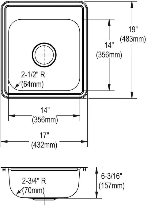 Diagram of Single Bowl Drop-In Stainless Steel Bar Sink For Your Home Bar Setup, 17 X 19 Inch, 6-3/16 Inch Deep