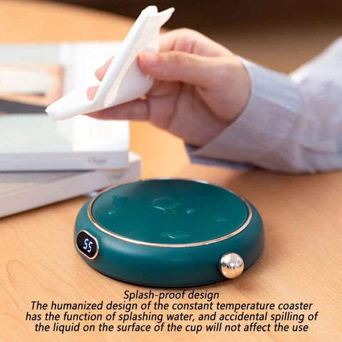Major Game Changer Usb Coffee Mug Warmer With Adjustable Temp Knobs And Splash Proof Base, teal color, splash-proof design on wooden desk.