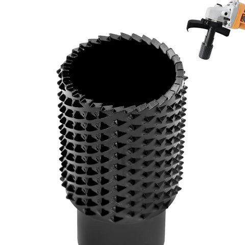 Close-up view of the 3 Pc DIY Wood Carving And Deburring Burr Set with black carbon steel burr and a mounted angle grinder attachment.