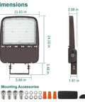 LED Parking Lot Light With 240W 200W And 150W Options, front and side view with dimensions and mounting accessories