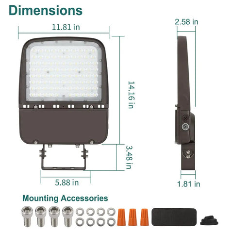 LED Parking Lot Light With 240W 200W And 150W Options, front and side view with dimensions and mounting accessories