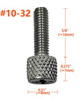 Close-up of a 10-32 by 5/8 inch chrome-plated hand-twist knurled thumb screw for rack mount hardware tool-free installation.