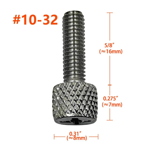 Close-up of a 10-32 by 5/8 inch chrome-plated hand-twist knurled thumb screw for rack mount hardware tool-free installation.