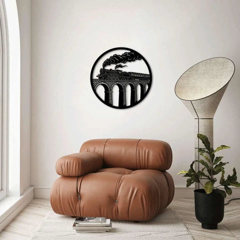 Vintage Steam Locomotive Metal Wall Art For Indoor And Outdoor Decor Dope Iron Silhouette Sign in living room setting