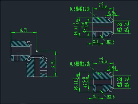 Technical drawing of Two Pack Copper Bevel Gear Set 0.5M 12 Teeth Right Angle 1 To 1 Miter Pinion 2mm Bore for 90 Degree Transmission