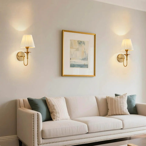 Wireless Vintage Wall Sconce Set Of Two Rechargeable Dimmable RGB Lights With Remote Antique Brass And Fabric Shade truly wire free setup beside a sofa.