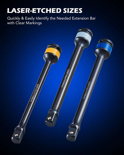 Torque Limiting Extension Bar And Deep Impact Socket Set For 1/2 Inch Drive 8 Piece With laser-etched markings for easy identification