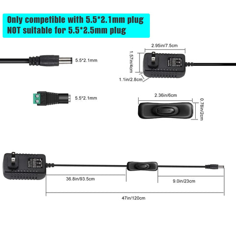 12V 2A DC Power Supply With Inline On Off Switch No Fuss Toggle For Under Cabinet Lighting And Bedside LED Strips 24W Max Output Easy Reach Control From Any Outlet, 5.5x2.1mm plug