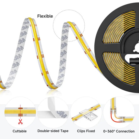 FCOB COB LED Strip Tunable 3000K To 6000K UL Listed 24V 16.4 Ft 640 LEDs Per Meter CRI 90 Plus No Fuss Dimmable Tape Lights showing flexibility and connecting features.