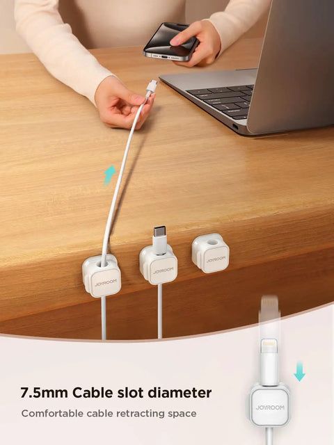 9 Pack Magnetic Cable Clips for Easy Cable Management under desk, shown holding cables with adhesive backing, 7.5 mm slots.