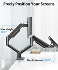 Side view of Dual Monitor Arm Stand For 22 To 32 Inch Screens Up To 22 Lbs Each, Adjustable Desk Mount With 360 Degree Swivel Height.