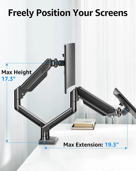Side view of Dual Monitor Arm Stand For 22 To 32 Inch Screens Up To 22 Lbs Each, Adjustable Desk Mount With 360 Degree Swivel Height.