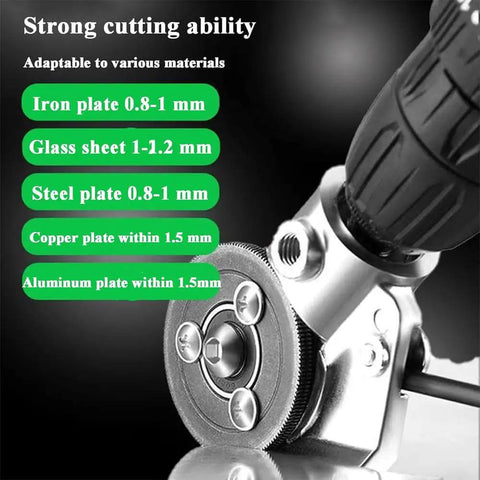 Drill Nibbler Sheet Metal Cutting Tool With Adapter for Cutting Aluminum Steel Copper Iron and Vinyl Slitter displayed with blade