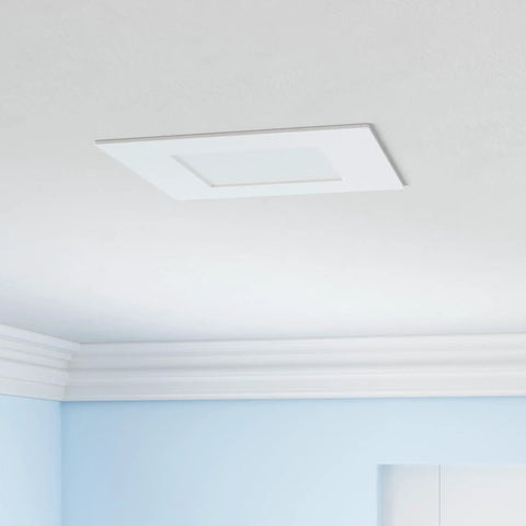 Six Inch Ultra Thin Square LED Recessed Light Kit With Dimmable 12W Downlights installed on white ceiling