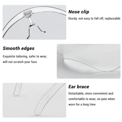 4 Pack Clear Face Shields With Glasses Anti Fog Full Face Protection Plastic Shield detailing nose clip, smooth edges, ear brace