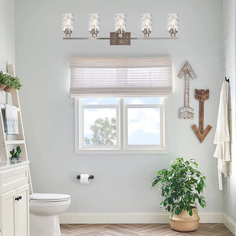5 Light Brushed Nickel Vanity Light Fixtures With Hammered Glass Shades For Modern Bathrooms above window in stylish bathroom