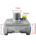 Natural gas pressure regulator with 3/4 inch female NPT threads delivers stable outlet pressure from 4 to 10 inches water column, ideal for commercial stoves and range piping lines; adjustable, 1/2 psi inlet