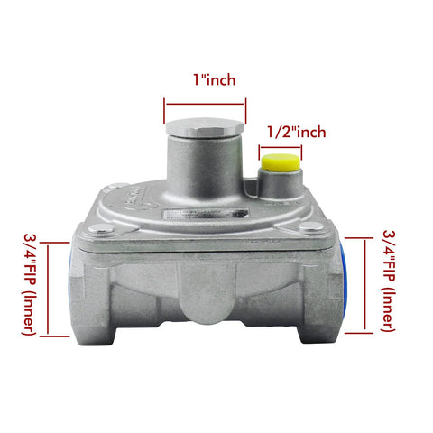 Natural gas pressure regulator with 3/4 inch female NPT threads delivers stable outlet pressure from 4 to 10 inches water column, ideal for commercial stoves and range piping lines; adjustable, 1/2 psi inlet