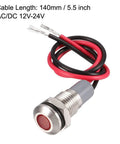 12V-24V AC DC Red LED Indicator Light, 8mm panel mount, waterproof metal shell with cables visible