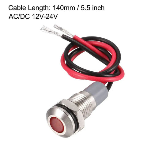 12V-24V AC DC Red LED Indicator Light, 8mm panel mount, waterproof metal shell with cables visible