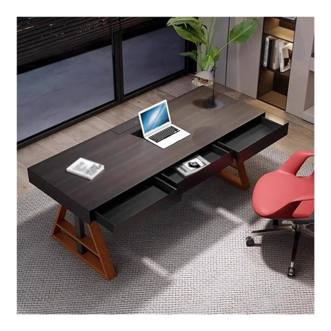 Smooth Electric Lift Standing Desk With Drawer Storage And Usb Charging Port Adjustable Height Home Office Table Built Different For Crushing Your Daily Grind In Sleek Black viewed from above showing laptop, drawer, and chair.