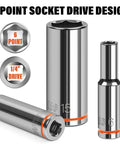 Quarter Inch Drive Metric Master Socket Set, 6 Point, chrome vanadium steel, deep hex sockets on white background.