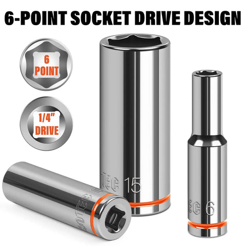 Quarter Inch Drive Metric Master Socket Set, 6 Point, chrome vanadium steel, deep hex sockets on white background.