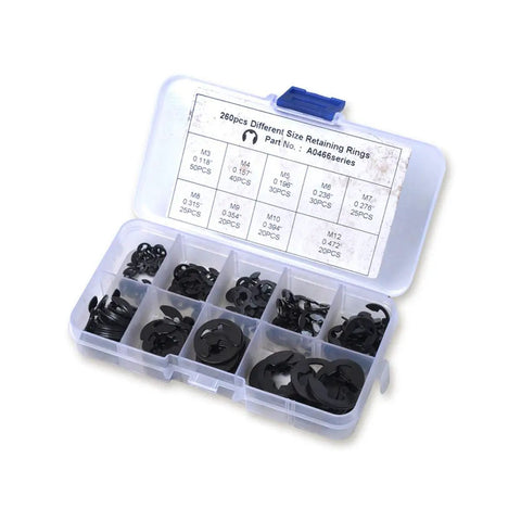 260 Piece E Clip Retaining Ring Snap Ring Kit With 9 Common Sizes From 3mm To 12mm Durable Heat Treated Carbon Steel Black Oxide Finish In A Handy Resealable Organizer Case For Easy Storage