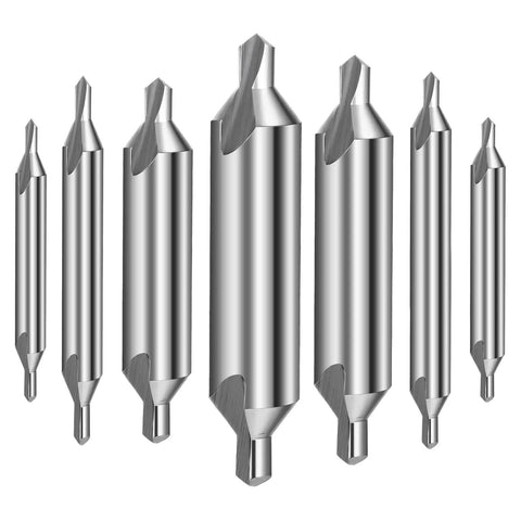 7 Piece M2 High Speed Steel Center Drill Bit Set With 60 Degree Countersink For Lathe And Metalworking Sizes 1.0 1.5 2.0 2.5 3.0 4.0 5.0 Durable Sharp Bits For Clean Holes displayed in a row