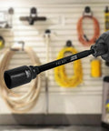 6 Piece Beefy Heavy Duty Impact Socket Adapter Set For Drill And Impact Wrench With 3 Inch And 6 Inch Hex Shank Extensions One Quarter Inch Three Eighths Inch One Half Inch Drive Adapters Holder Included in use, attached to a drill in a workshop.