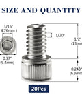 Built Different 1/4-20 X 1/2 Inch Socket Head Cap Screws 20 Pack with dimensions, solid 304 stainless steel, hex drive design.