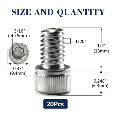 Built Different 1/4-20 X 1/2 Inch Socket Head Cap Screws 20 Pack with dimensions, solid 304 stainless steel, hex drive design.