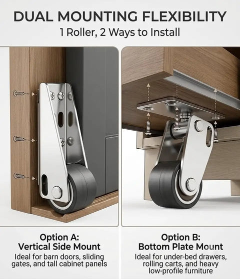 Heavy Duty Sliding Door Vertical Track Rollers Rock Solid Alloy Steel Design Offers Dead Silent Rubber Casters for dual mounting options.