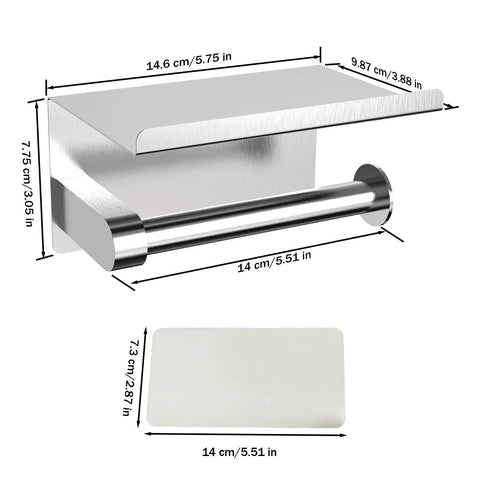Toilet Paper Holder With Phone Shelf, Self Adhesive Or Screw In Wall Mount, Rustproof Bathroom Tissue Dispenser With Built In Shelf