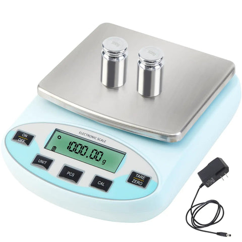 Pro Grade 0.01g Digital Lab Scale With 6000g Capacity For Kitchen Lab Jewelry And Science 13 Unit Conversions Auto Calibration 500g Weights Included High Precision Electronic Balance with power adapter and metal weights