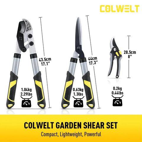 Compact 17 Inch Anvil Loppers And Hedge Shears 3 Piece Garden Pruning Set with branch cutter, hedge clippers, garden scissors