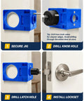 All In One Door Prep System With Adjustable Hinge Jig And Lock Installation Kit For DIY Folks, Aluminum Router Template showing drilling steps.