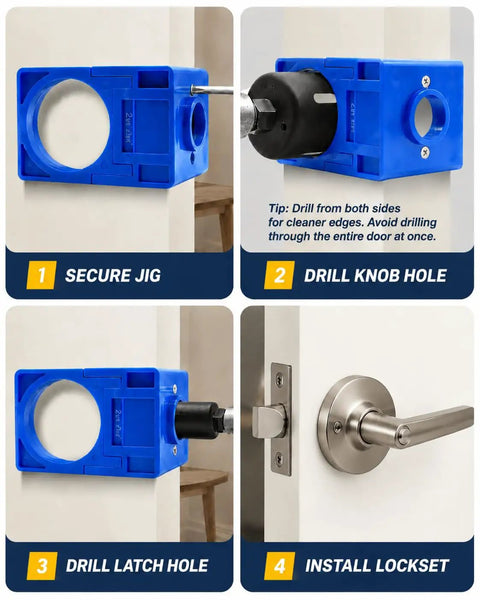 All In One Door Prep System With Adjustable Hinge Jig And Lock Installation Kit For DIY Folks, Aluminum Router Template showing drilling steps.
