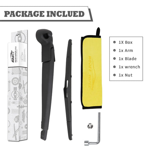 Heavy Duty Rear Windshield Wiper Arm And Blade Kit For Jeep Wrangler JK 2007 To 2018 With No Sweat Install, includes arm, blade, wrench, and nut.
