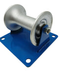 7.8 Inch Pipe Feeding Sheave And Cable Puller Sheave Workhorse Rugged Cable Pulley with blue base and pre-drilled holes
