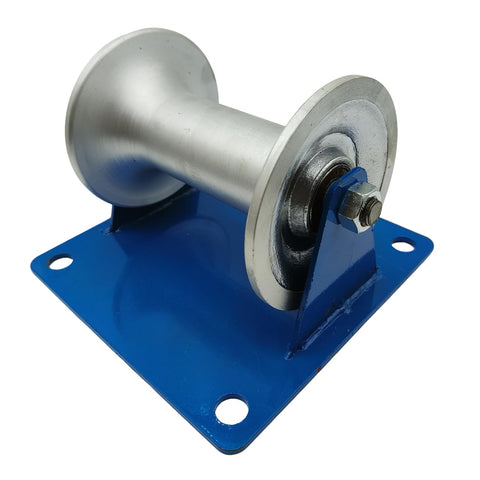 7.8 Inch Pipe Feeding Sheave And Cable Puller Sheave Workhorse Rugged Cable Pulley with blue base and pre-drilled holes