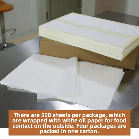 Massive 16x24 Inch Parchment Paper Roll With 2000 Sheets Of Industrial Grade Oven Paper stacked on a metal counter