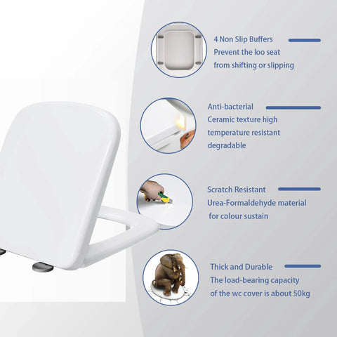 Zero Drama Soft Close Toilet Seat White Square Shape features non-slip buffers and anti-bacterial ceramic texture.