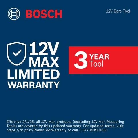 Warranty information for 12V Max products including 3-year tool warranty details from Bosch.