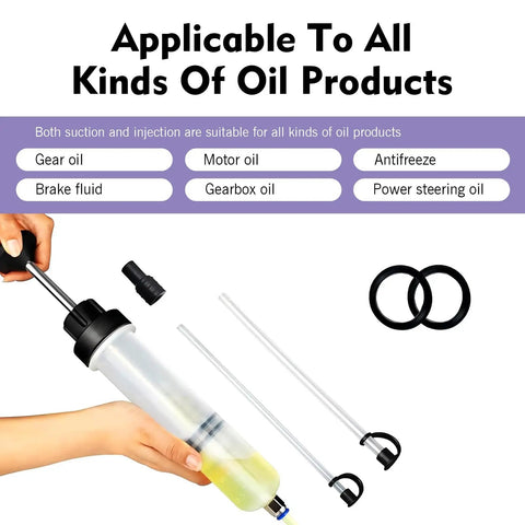 Heavy Duty 200Cc Manual Oil Extractor Pump With Two Spare Tubes To Pull Brake Fluid Or Drain Engine Oil And Swap Coolant Fast Keep Your Car Running Sweet And Tackle Maintenance With Zero Sweat Tonight showing usage with brake fluid and two spare tubes.
